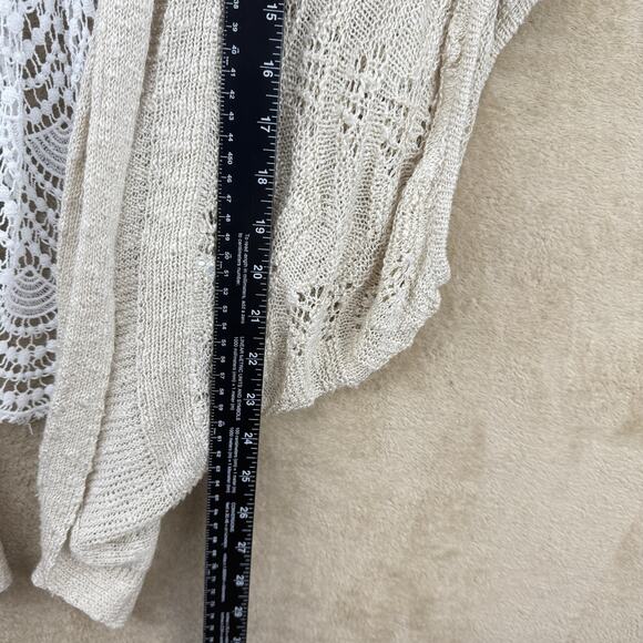 Womens Crochet Top Open Knit Lace Cardigan Beige Cream Boho Cottage Slouchy Sz S - Picture 7 of 9